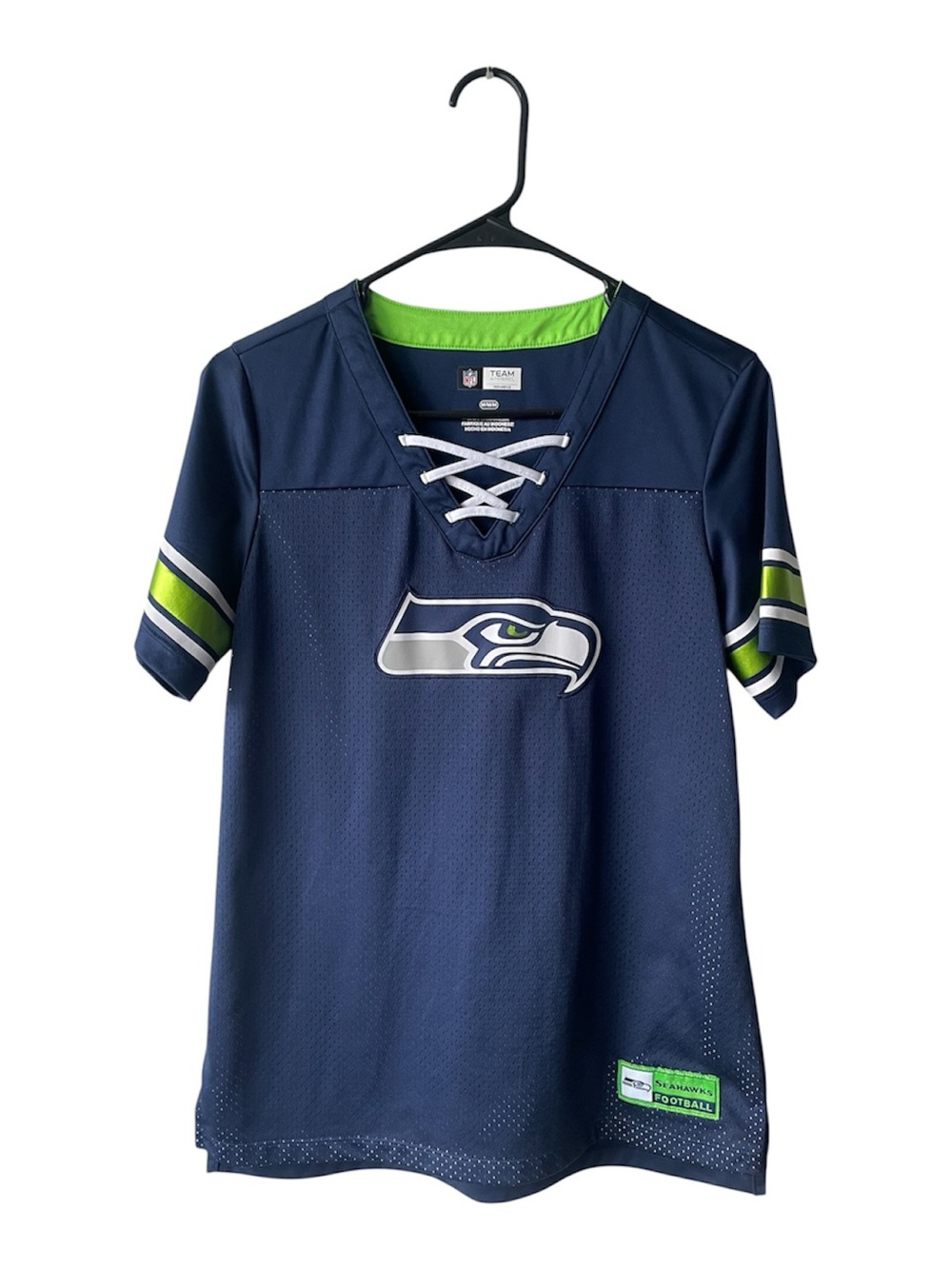 Women’s NFL Seattle Seahawks Navy & Lime Lace-Up Jersey Top